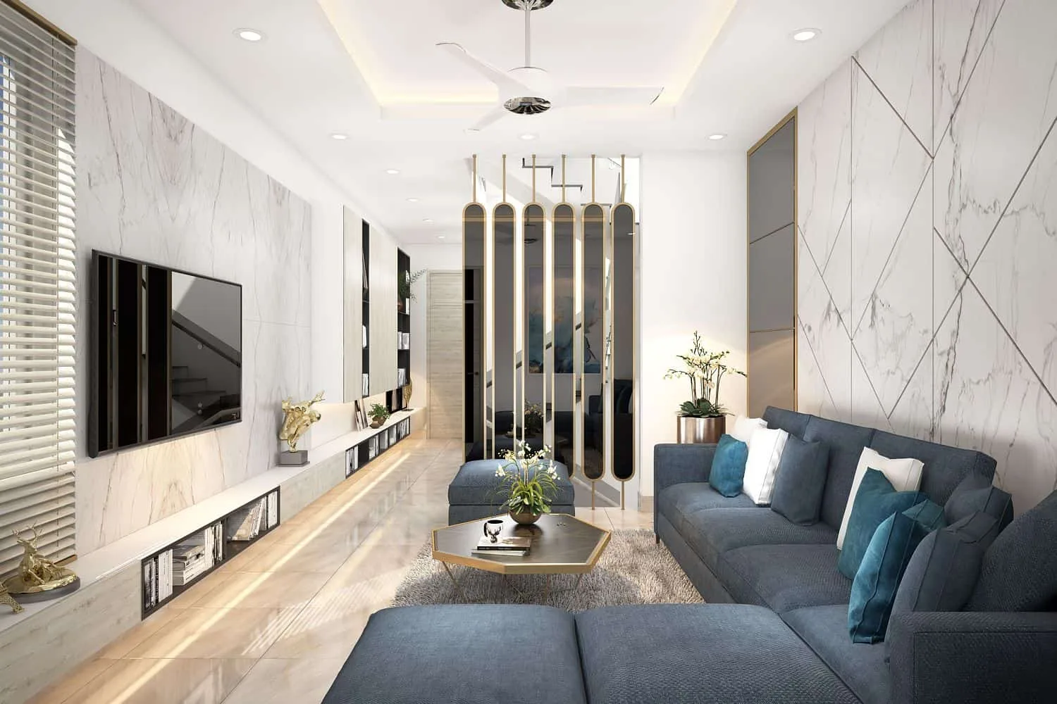 A tube house living room arranged neatly in light tones to feel larger