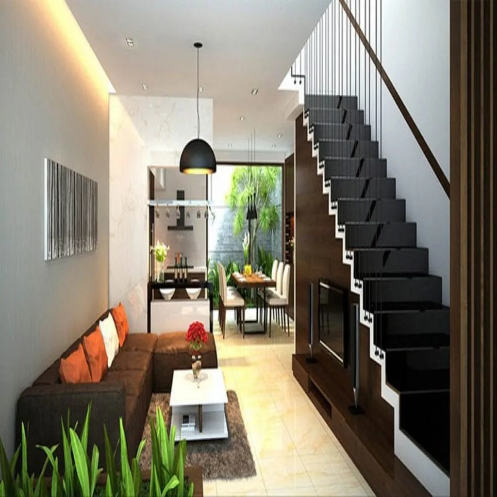 A 5 m townhouse living room flowing into the dining area under a high ceiling