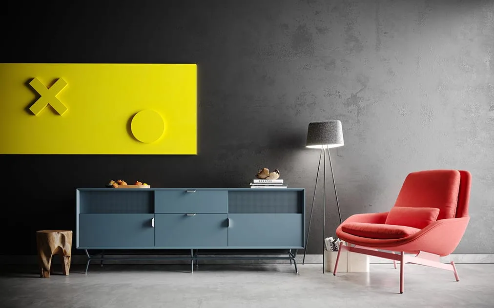 Balanced, elegant grey-yellow interior colour scheme