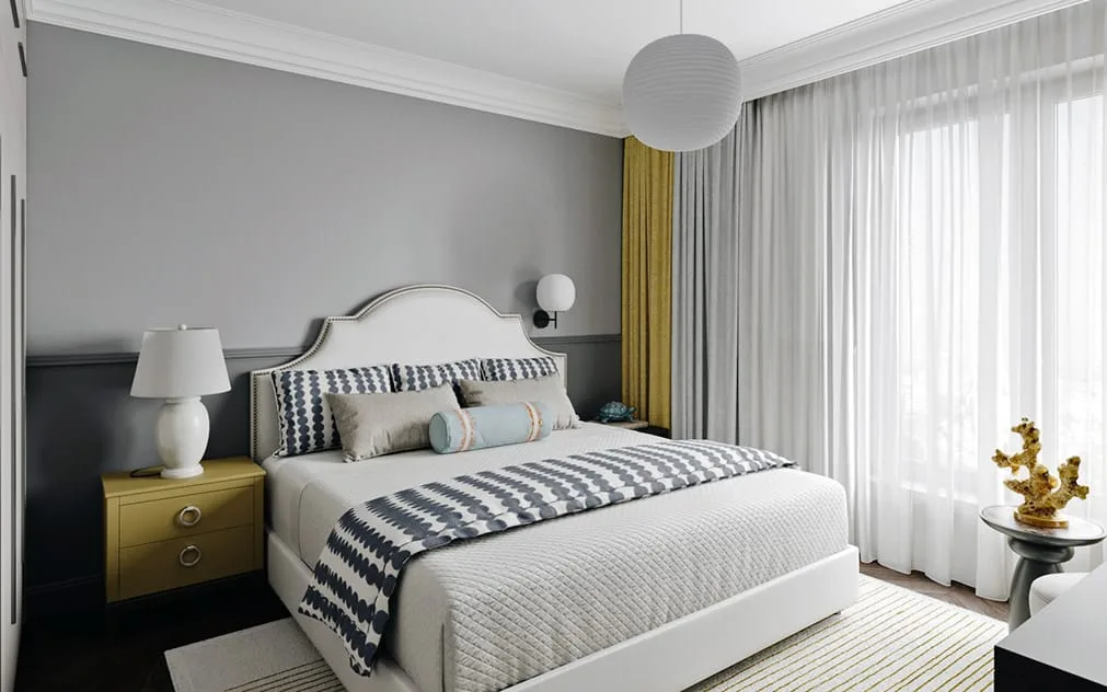Furniture and decor accessories in a grey-yellow scheme