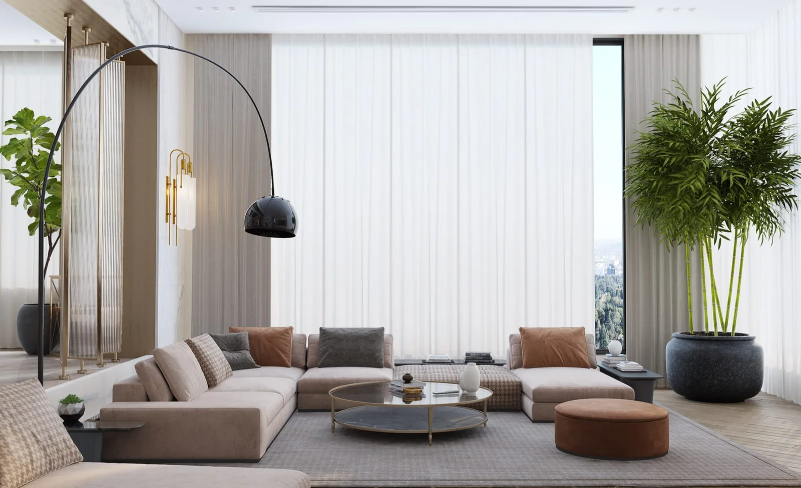 Level living room floor with a balanced furniture layout