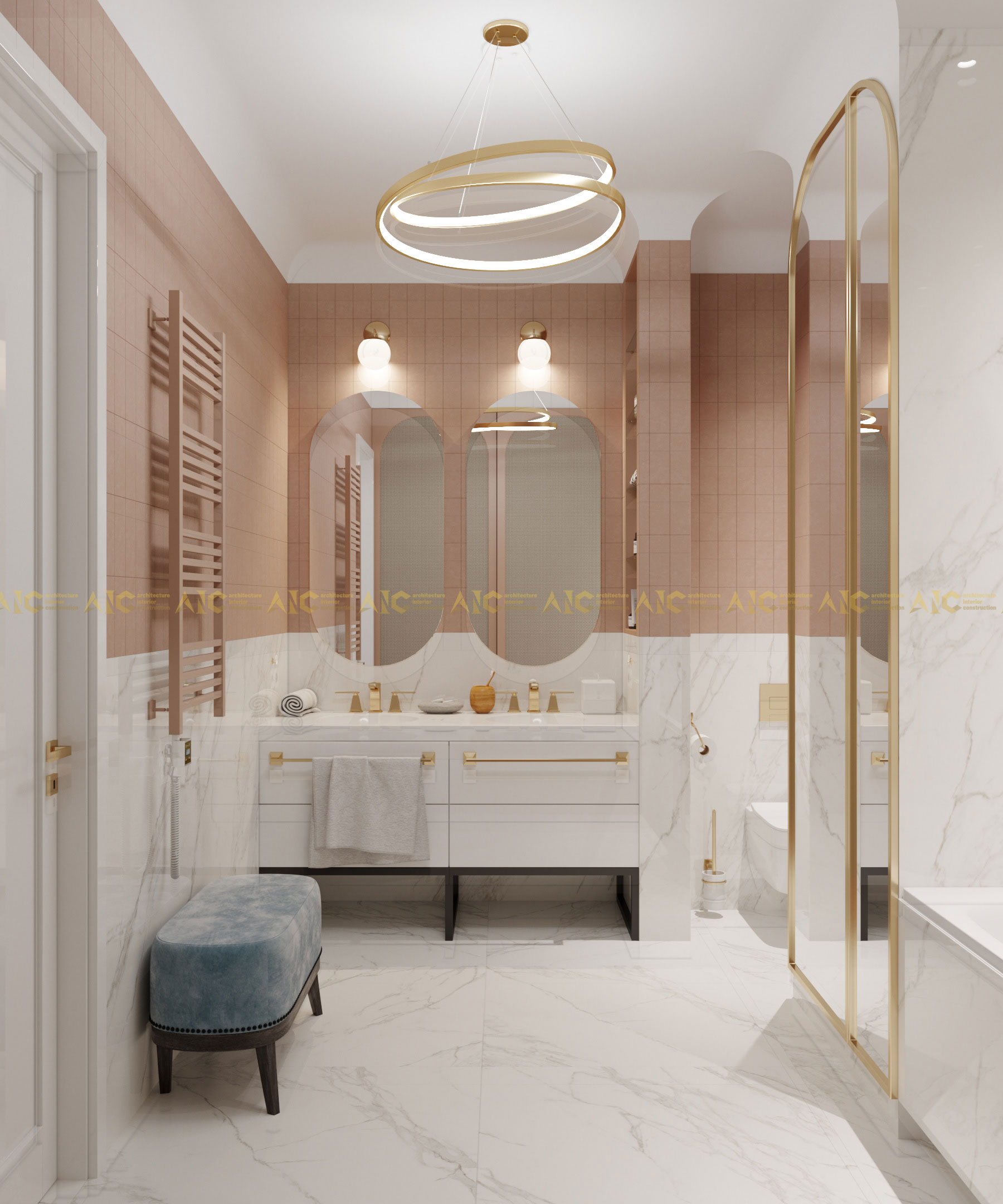 Phòng tắm gam màu hồng sữa theo xu hướng phong cách Art Deco