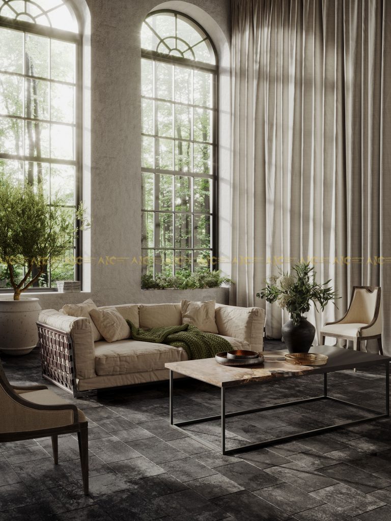 Phòng khách có cửa sổ lớn đón ánh nắng tự nhiên theo xu hướng phong cách thiết kế 
 nội thất đồng quê