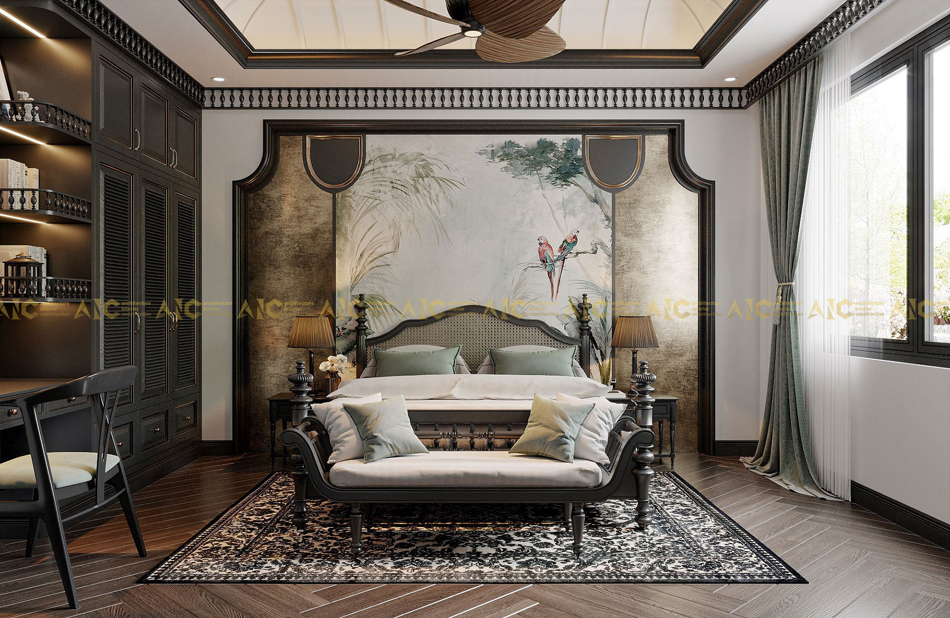 Phòng ngủ có tranh thêu tay lớn theo xu hướng phong cách thiết kế nội thất Indochine