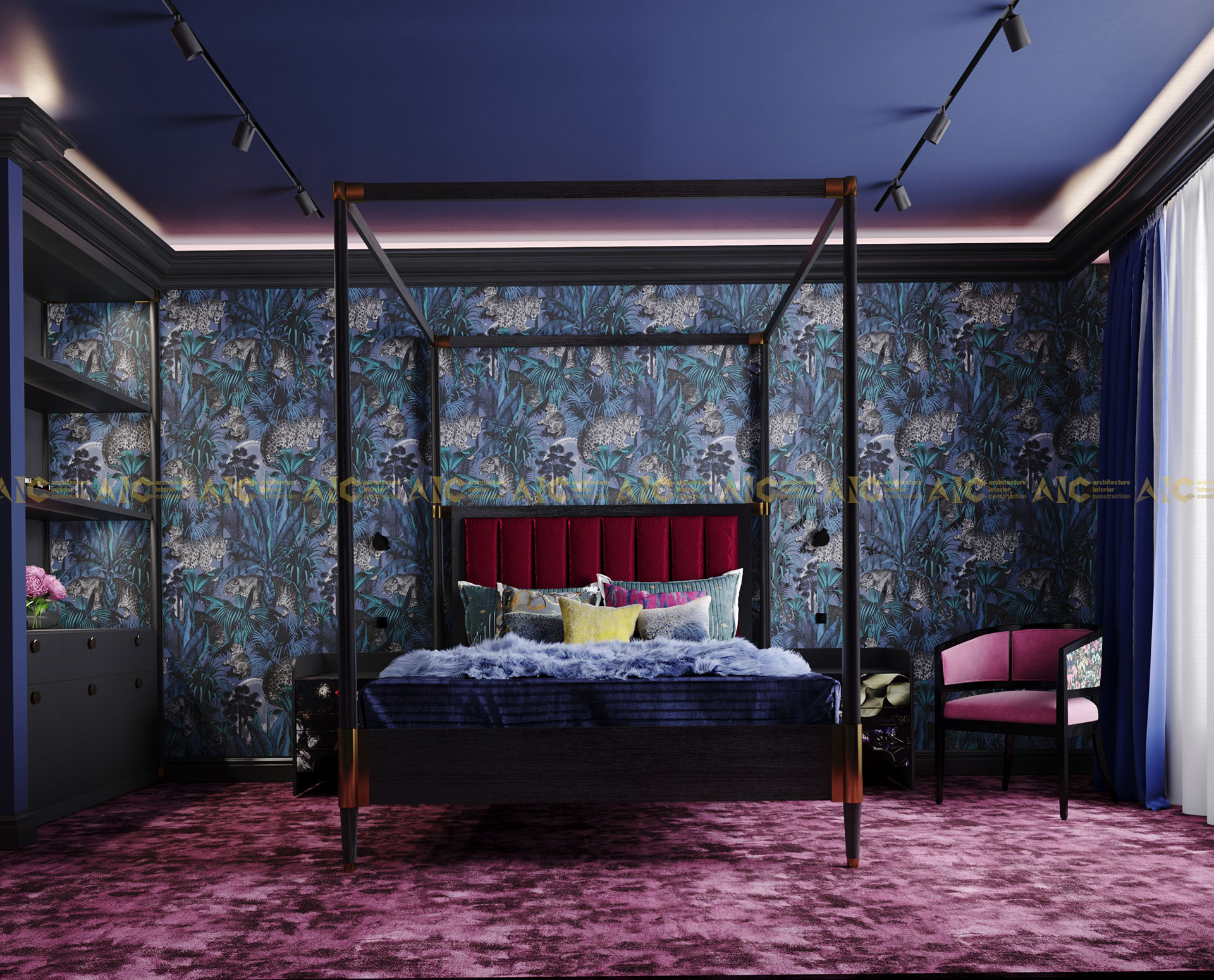 Phòng ngủ sử dụng nội thất vải nhung theo xu hướng phong cách tối đa hóa