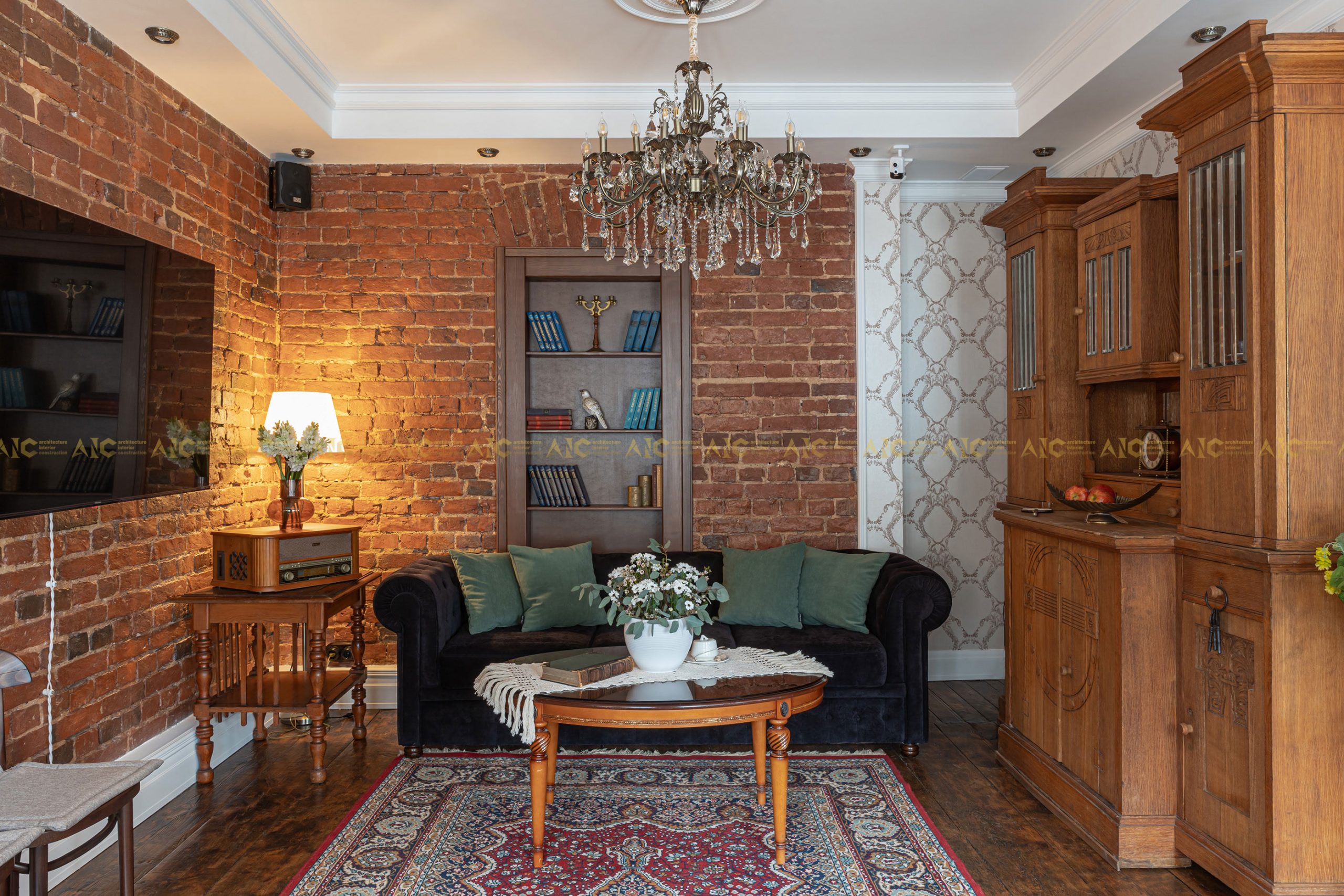 Phòng khách thiết kế với gam màu gỗ và gạch theo xu hướng phong cách nội thất Vinatge