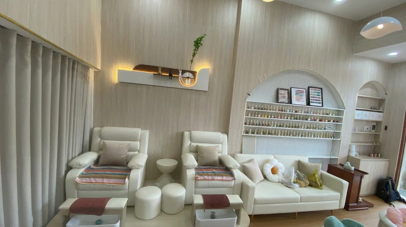 Không gian làm đẹp nội thất tông màu kem gỗ ấm cúng