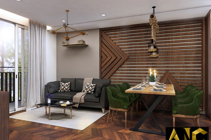 Thiết kế thi công nội thất: chung cư orchard parkview phòng khách mạng mộc view 1